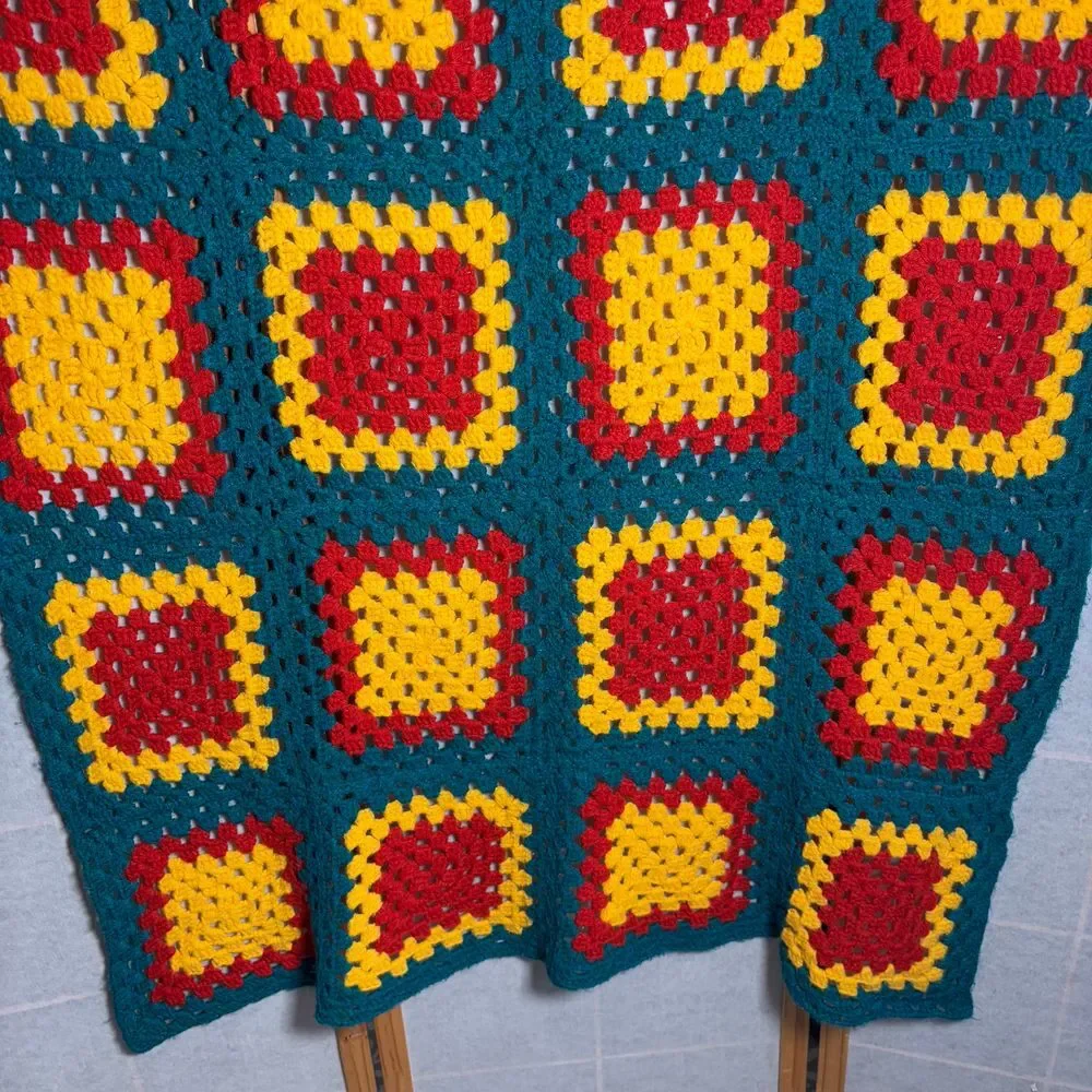 Vintage‎ Crochet Granny Square Blanket Afghan Turquoise Yellow Red Small 59 x 37